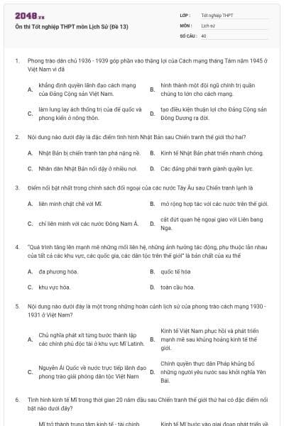 Ôn thi Tốt nghiệp THPT môn Lịch Sử (Đề 13)