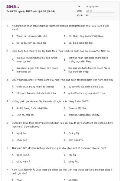 Ôn thi Tốt nghiệp THPT môn Lịch Sử (Đề 14)