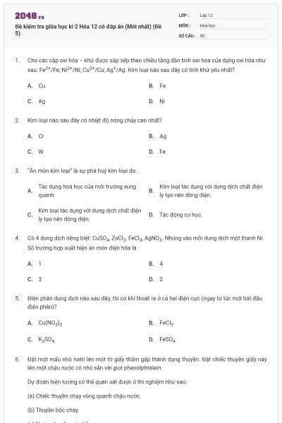 Đề kiểm tra giữa học kì 2 Hóa 12 có đáp án (Mới nhất) (Đề 5)