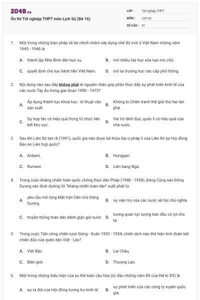 Ôn thi Tốt nghiệp THPT môn Lịch Sử (Đề 16)
