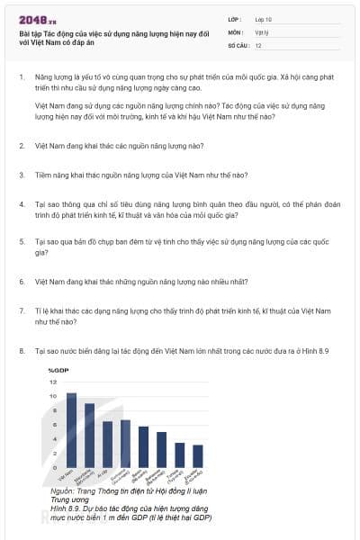 Bài tập Tác động của việc sử dụng năng lượng hiện nay đối với Việt Nam có đáp án