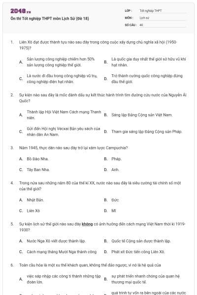 Ôn thi Tốt nghiệp THPT môn Lịch Sử (Đề 18)