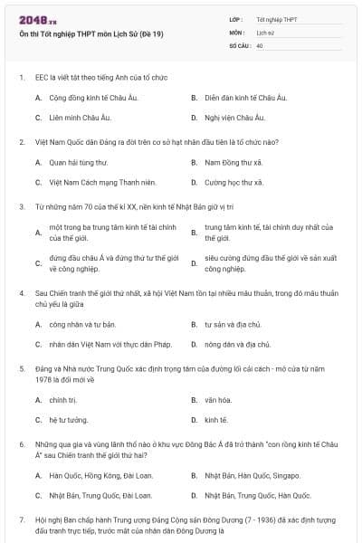Ôn thi Tốt nghiệp THPT môn Lịch Sử (Đề 19)