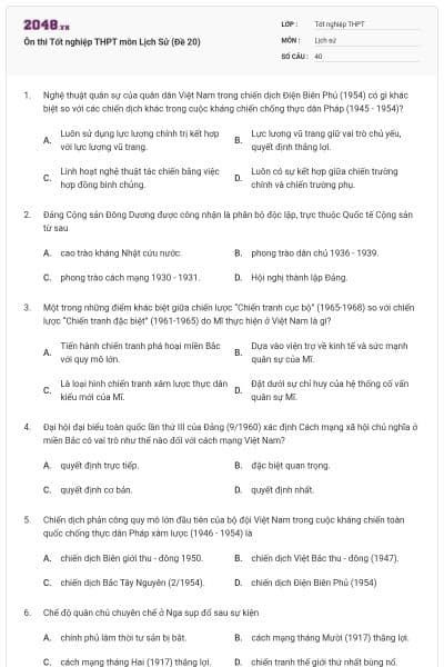 Ôn thi Tốt nghiệp THPT môn Lịch Sử (Đề 20)