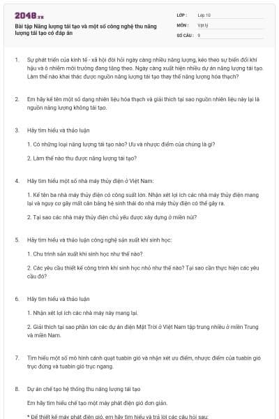 Bài tập Năng lượng tái tạo và một số công nghệ thu năng lượng tái tạo có đáp án