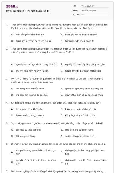 Ôn thi Tốt nghiệp THPT môn GDCD (Đề 1)