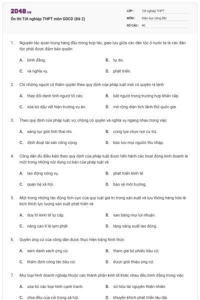 Ôn thi Tốt nghiệp THPT môn GDCD (Đề 2)