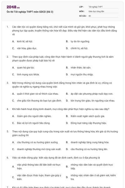 Ôn thi Tốt nghiệp THPT môn GDCD (Đề 3)