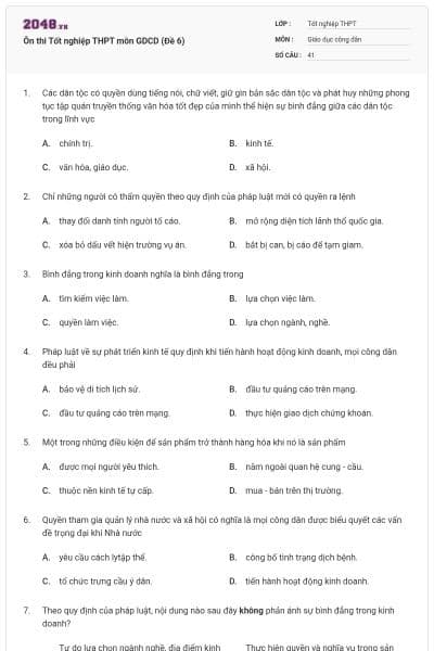 Ôn thi Tốt nghiệp THPT môn GDCD (Đề 6)