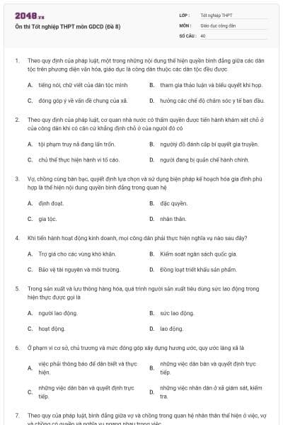 Ôn thi Tốt nghiệp THPT môn GDCD (Đề 8)