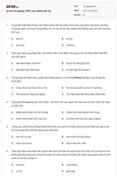 Ôn thi Tốt nghiệp THPT môn GDCD (Đề 10)