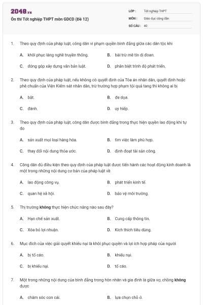 Ôn thi Tốt nghiệp THPT môn GDCD (Đề 12)