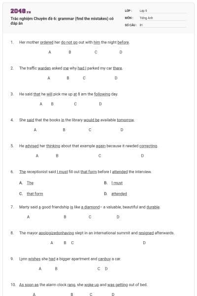 Trắc nghiệm Chuyên đề 6: grammar (find the mistakes) có đáp án