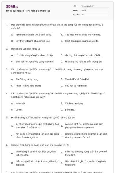 Ôn thi Tốt nghiệp THPT môn Địa lý (Đề 15)