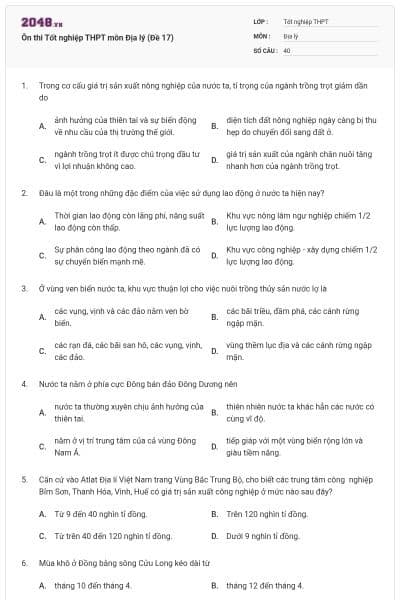 Ôn thi Tốt nghiệp THPT môn Địa lý (Đề 17)