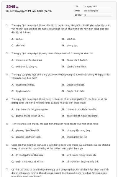 Ôn thi Tốt nghiệp THPT môn GDCD (Đề 13)