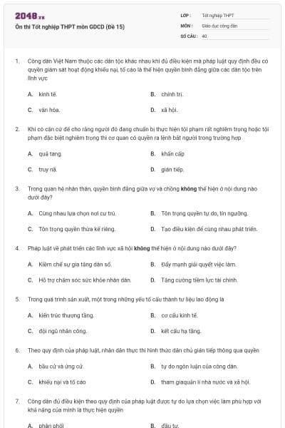 Ôn thi Tốt nghiệp THPT môn GDCD (Đề 15)