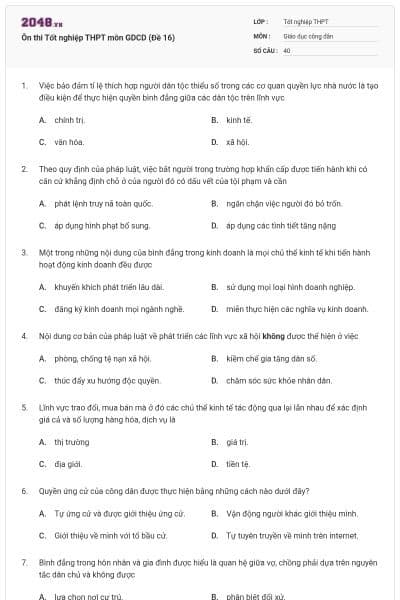 Ôn thi Tốt nghiệp THPT môn GDCD (Đề 16)
