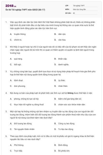 Ôn thi Tốt nghiệp THPT môn GDCD (Đề 17)