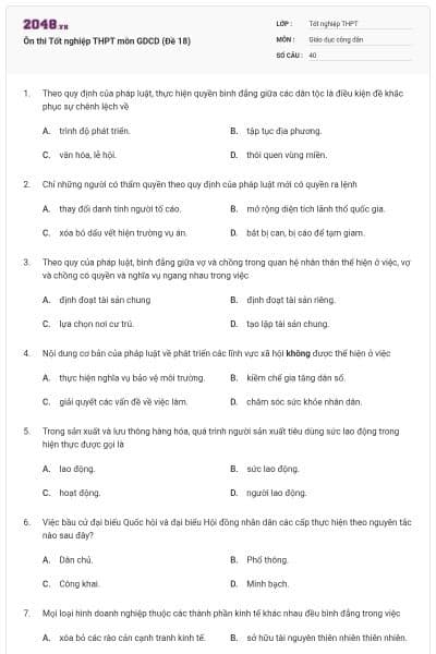 Ôn thi Tốt nghiệp THPT môn GDCD (Đề 18)
