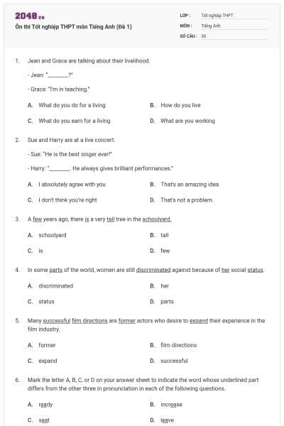 Ôn thi Tốt nghiệp THPT môn Tiếng Anh (Đề 1)