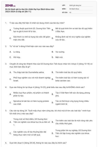 Đề thi Đánh giá tư duy tốc chiến Đại học Bách khoa năm 2023-2024 có đáp án (Đề 11)