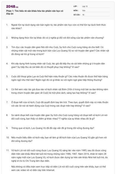 Phần 1: Tìm hiểu về sân khấu hóa tác phẩm văn học có đáp án