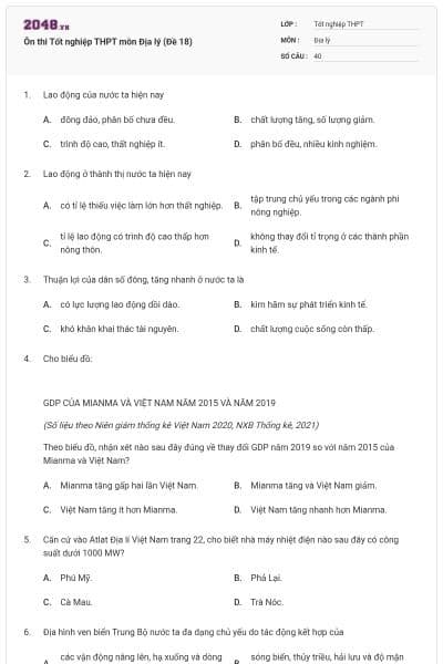 Ôn thi Tốt nghiệp THPT môn Địa lý (Đề 18)