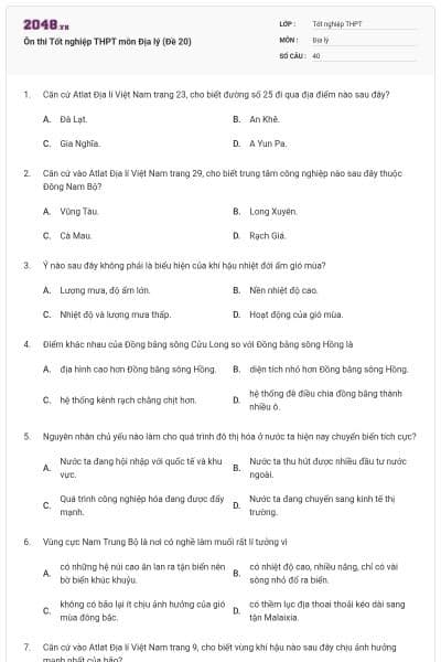 Ôn thi Tốt nghiệp THPT môn Địa lý (Đề 20)