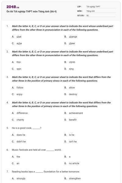 Ôn thi Tốt nghiệp THPT môn Tiếng Anh (Đề 4)