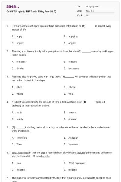 Ôn thi Tốt nghiệp THPT môn Tiếng Anh (Đề 5)