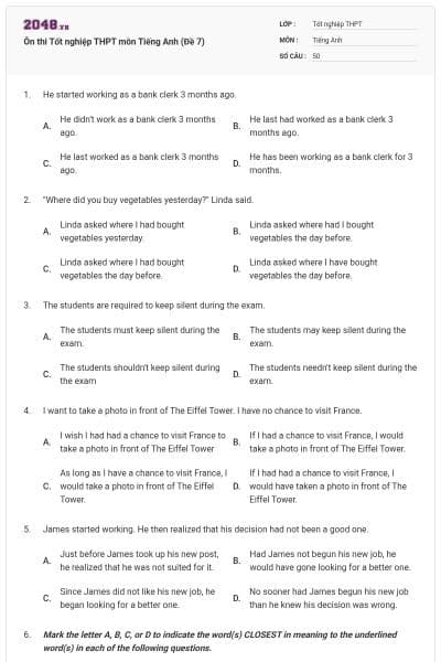 Ôn thi Tốt nghiệp THPT môn Tiếng Anh (Đề 7)