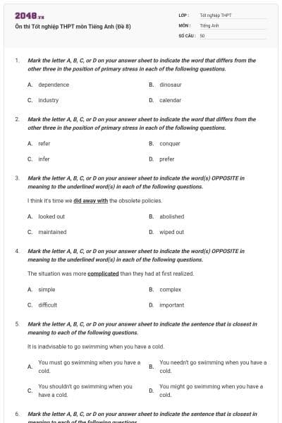 Ôn thi Tốt nghiệp THPT môn Tiếng Anh (Đề 8)