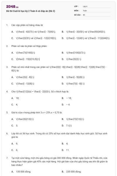 Đề thi Cuối kì học kỳ 2 Toán 6 có đáp án (Đề 3)