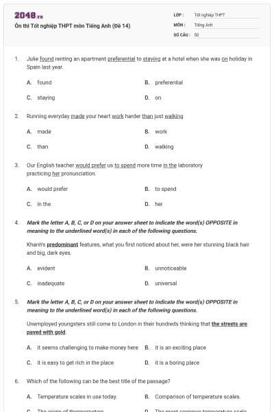 Ôn thi Tốt nghiệp THPT môn Tiếng Anh (Đề 14)