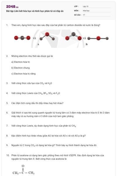 Bài tập Liên kết hóa học và hình học phân tử có đáp án