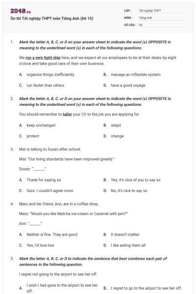 Ôn thi Tốt nghiệp THPT môn Tiếng Anh (Đề 15)