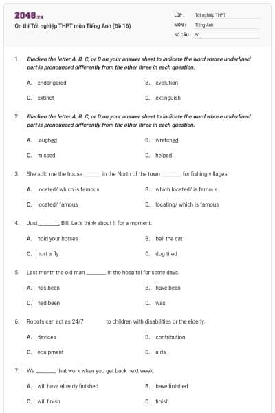 Ôn thi Tốt nghiệp THPT môn Tiếng Anh (Đề 16)