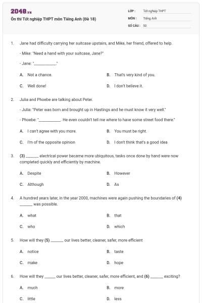 Ôn thi Tốt nghiệp THPT môn Tiếng Anh (Đề 18)