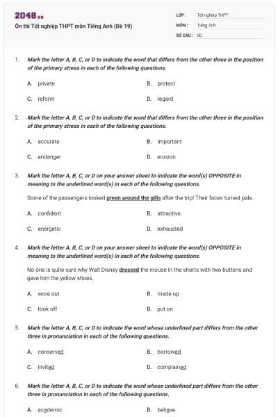Ôn thi Tốt nghiệp THPT môn Tiếng Anh (Đề 19)