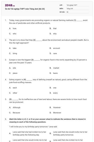 Ôn thi Tốt nghiệp THPT môn Tiếng Anh (Đề 20)
