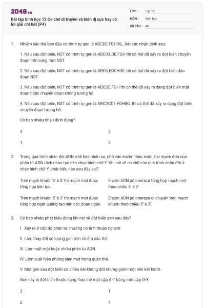 Bài tập Sinh học 12 Cơ chế di truyền và biến dị cực hay có lời giải chi tiết (P4)