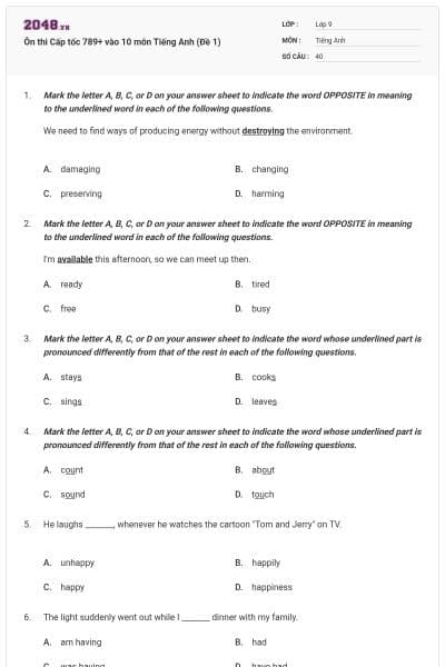 Ôn thi Cấp tốc 789+ vào 10 môn Tiếng Anh (Đề 1)