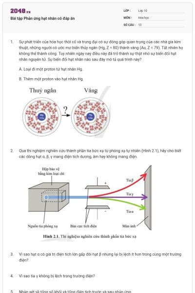 Bài tập Phản ứng hạt nhân có đáp án
