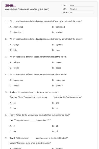 Ôn thi Cấp tốc 789+ vào 10 môn Tiếng Anh (Đề 2)