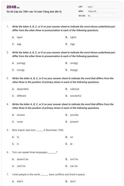 Ôn thi Cấp tốc 789+ vào 10 môn Tiếng Anh (Đề 4)