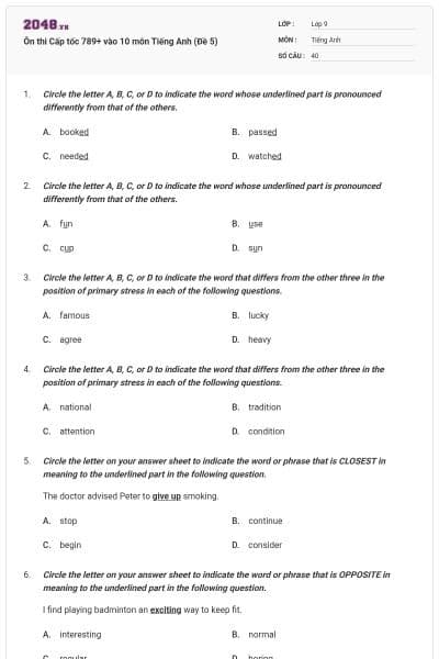 Ôn thi Cấp tốc 789+ vào 10 môn Tiếng Anh (Đề 5)