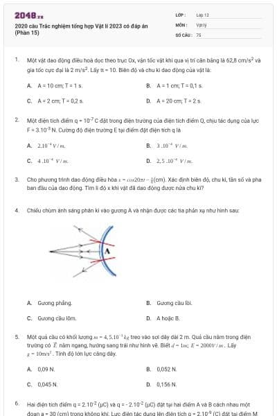 2020 câu Trắc nghiệm tổng hợp Vật lí 2023 có đáp án (Phần 15)