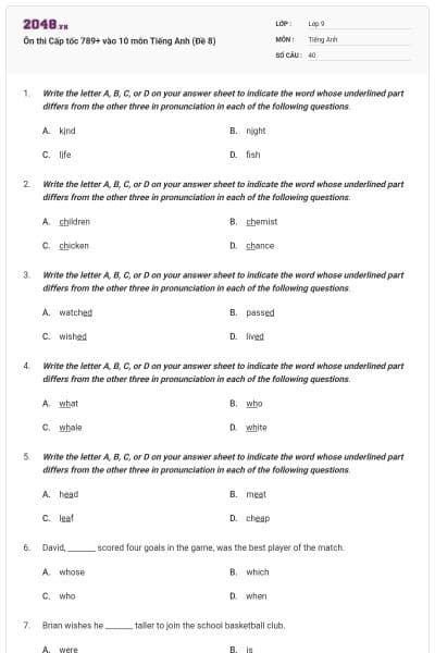 Ôn thi Cấp tốc 789+ vào 10 môn Tiếng Anh (Đề 8)