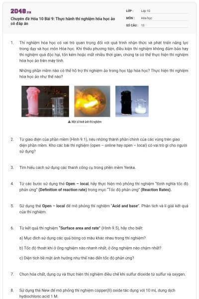 Chuyên đề Hóa 10 Bài 9: Thực hành thí nghiệm hóa học ảo có đáp án